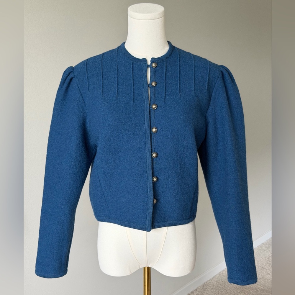 STAPF AUSTRIA Pure Wool Deep Alpine Blue Puff Sleeves Nordic Cardigan Sweater SM